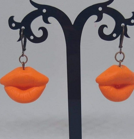 Unique Handmade Polymer Clay Lip Earrings, Orange Drop Earrings, Clay Earrings - Picture 2 of 5